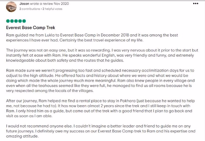 A client’s review for Mr. Ram of Heaven Himalaya