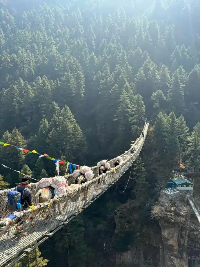 Crossing suspension bridge in Everest Region