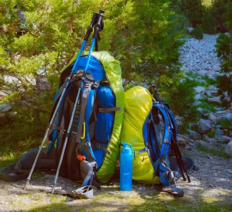 Day backpacks, a water bottle, and hiking sticks
