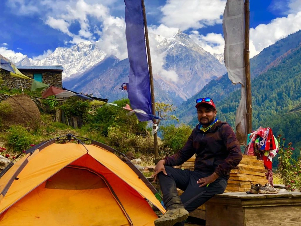 Guide Ramhari with camping tents in Tsum valley trek