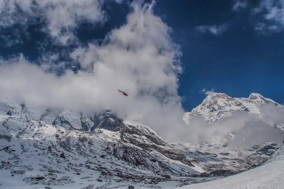 Helicopter flying in Annapurna