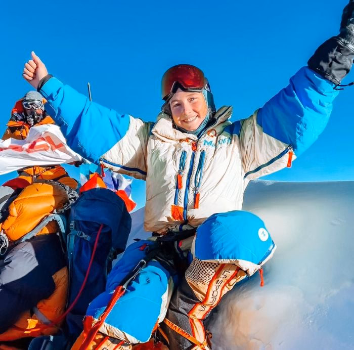 Lucy Westlake at the summit of Mt. Everest.