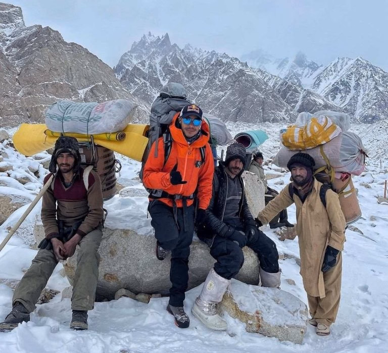 Nims Dai with his group of porters in Base Camp of K2