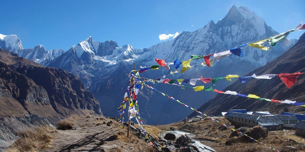 prayer flags and Mt. Machhapuchhare view from ABC
