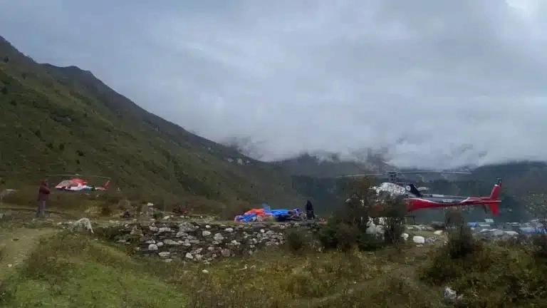 Rescue helicopters at Samagaun, Manaslu, Nepal